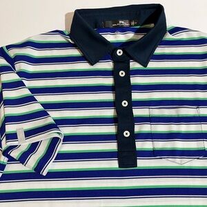 RLX Ralph Lauren Polo Shirt Mens Medium Blue Stripe Golf Wicking Stretch Pocket